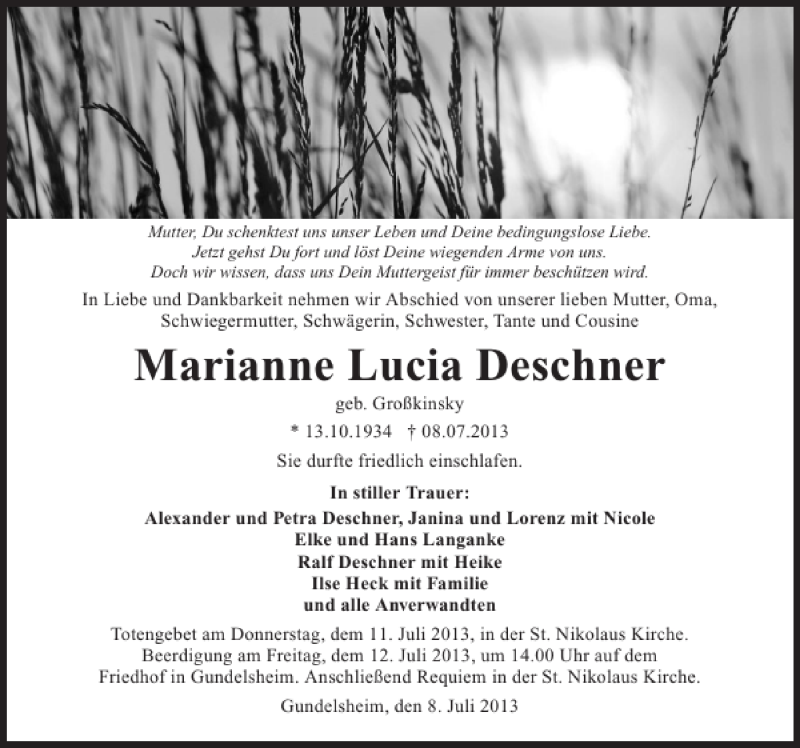  Traueranzeige für Marianne Lucia Deschner vom 10.07.2013 aus 