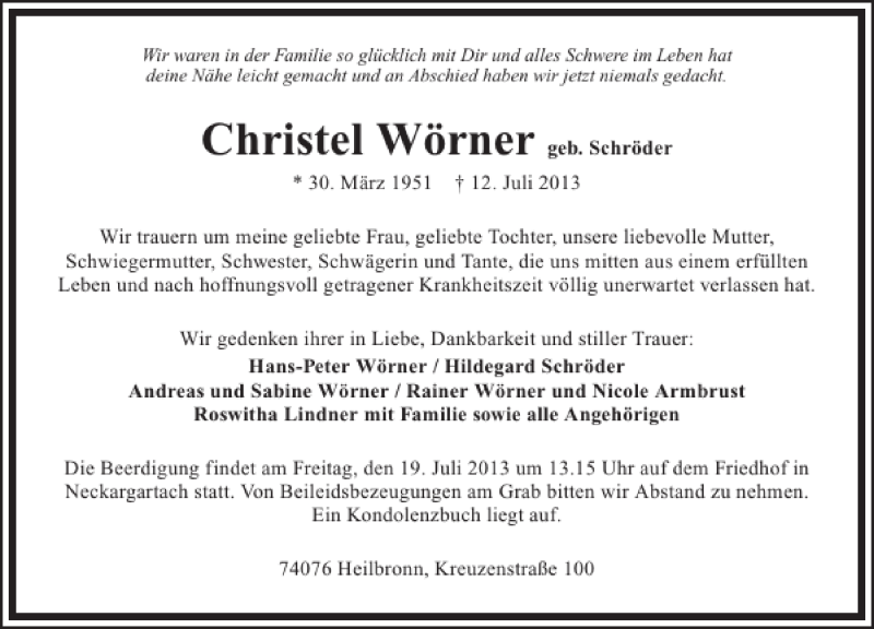  Traueranzeige für Christine Wörner vom 16.07.2013 aus 
