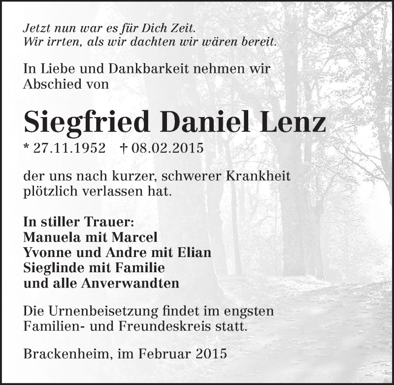  Traueranzeige für Siegfried Daniel Lenz vom 14.02.2015 aus 