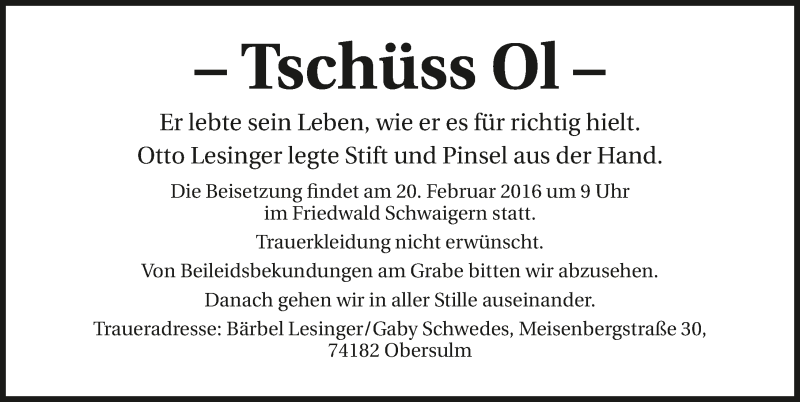  Traueranzeige für Otto Lesinger vom 13.02.2016 aus 