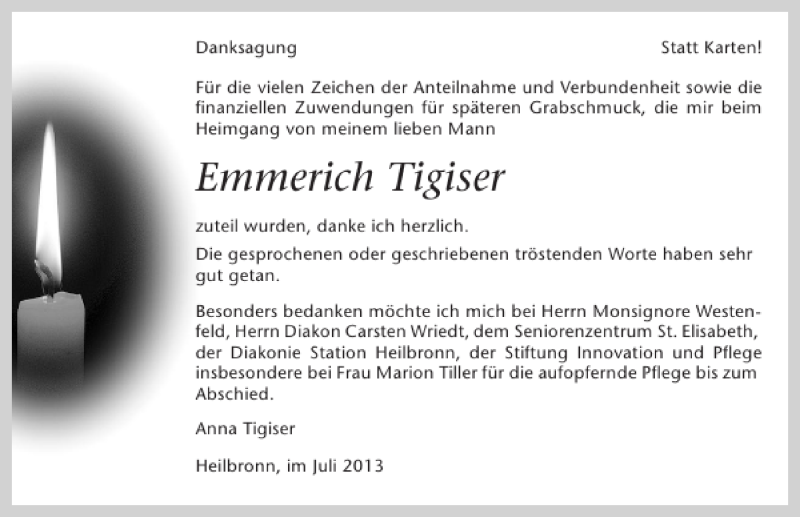 Traueranzeige für Emmerich Tigiser vom 20.07.2013 aus 