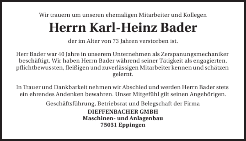  Traueranzeige für Bader Karl-Heinz vom 23.07.2013 aus 