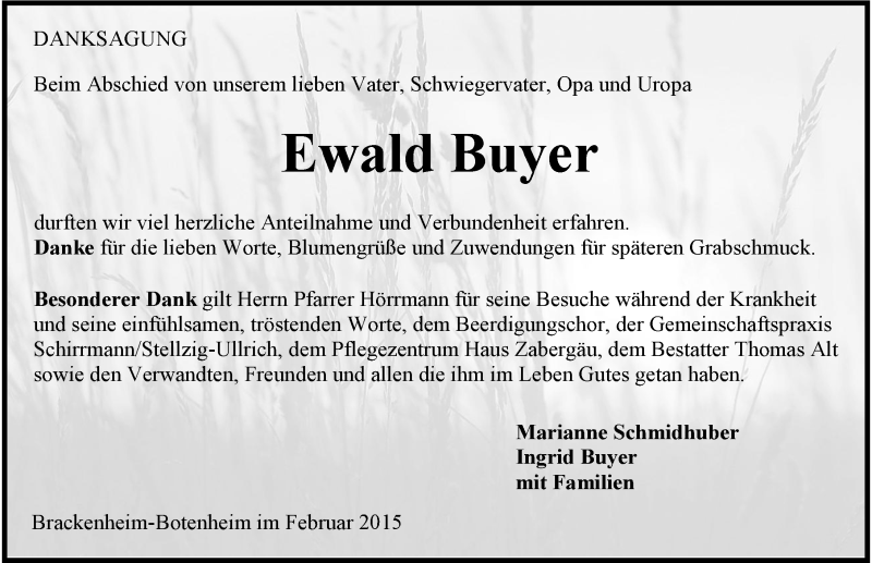  Traueranzeige für Ewald Buyer vom 10.02.2015 aus 