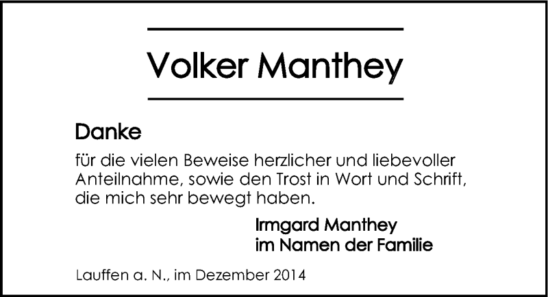  Traueranzeige für Volker Manthey vom 23.12.2014 aus 
