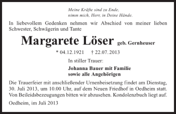 Traueranzeige von Margarete Löser 