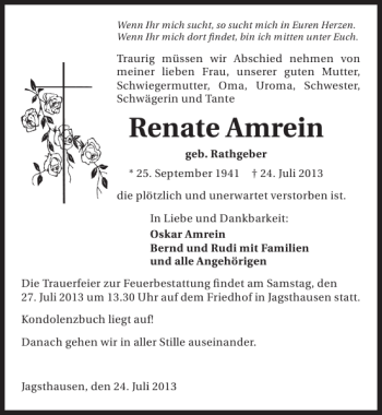 Traueranzeige von Renate Amrein 