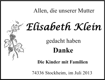 Traueranzeige von Elisabeth Klein 