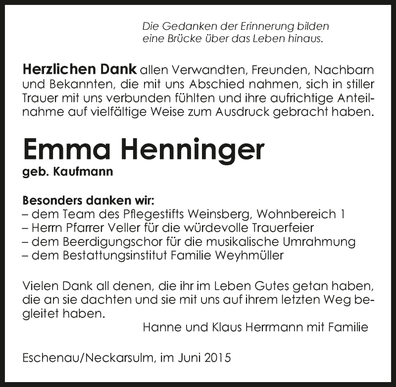  Traueranzeige für Emma Henninger vom 13.06.2015 aus 