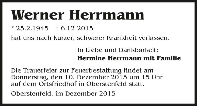  Traueranzeige für Werner Hermann vom 08.12.2015 aus 