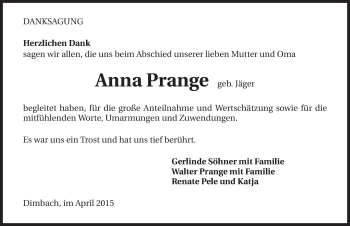Traueranzeige von Anna Prange 