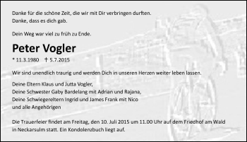 Traueranzeige von Peter Vogler 