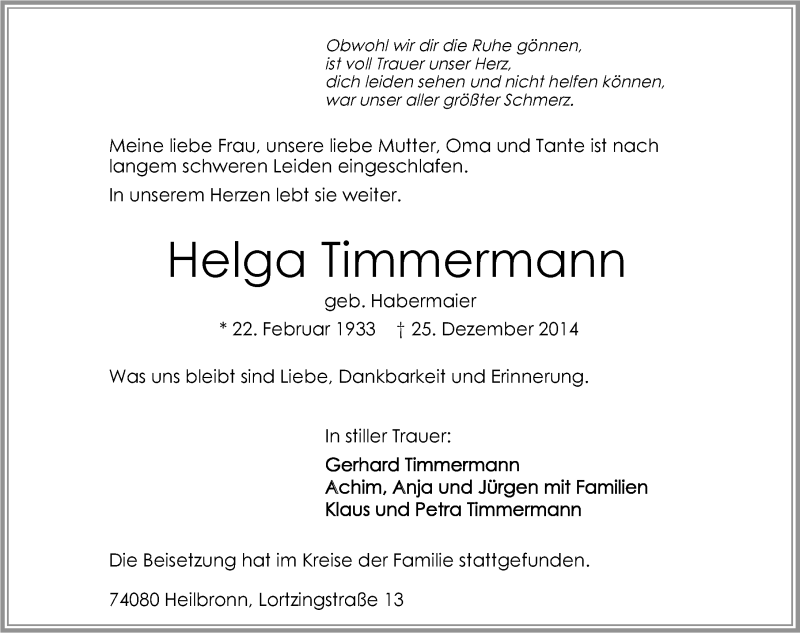  Traueranzeige für Helga Timmermann vom 31.12.2014 aus 
