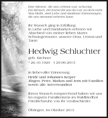 Traueranzeige von Hedwig Schluchter 