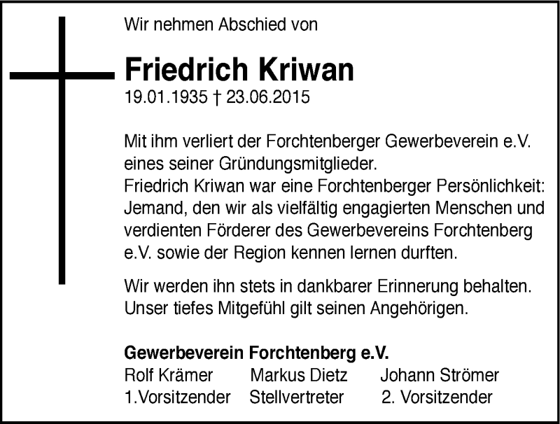  Traueranzeige für Friedrich Kriwan vom 02.07.2015 aus 