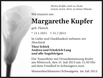 Traueranzeige von Margarethe Kupfer 