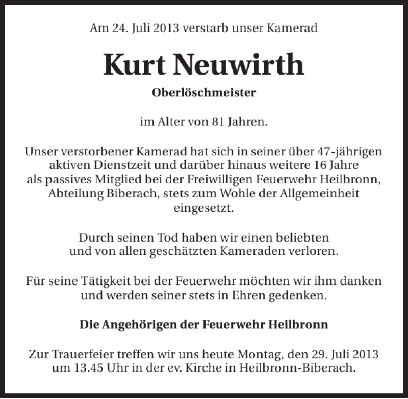  Traueranzeige für Kurt Neuwirth vom 29.07.2013 aus 