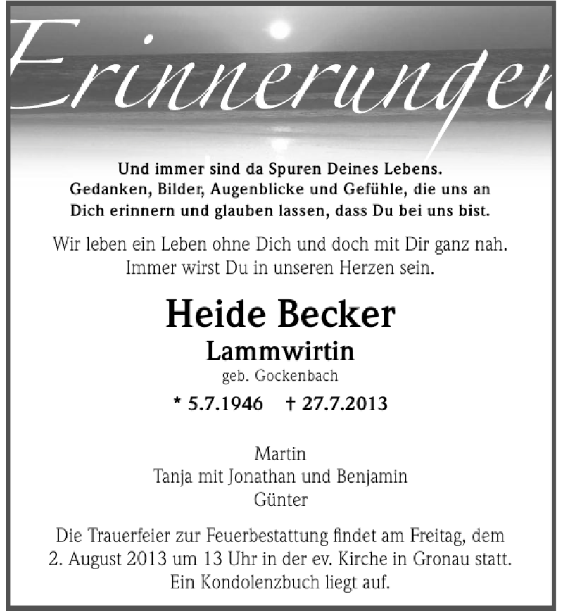  Traueranzeige für Heide Becker vom 30.07.2013 aus 