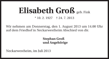 Traueranzeige von Elisabeth Groß 