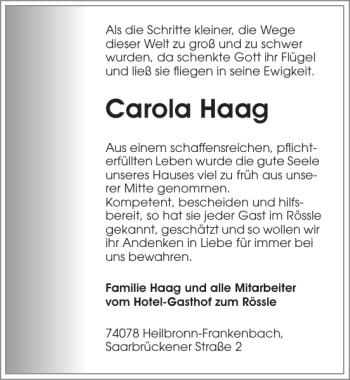 Traueranzeige von Carola Haag 