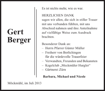 Traueranzeige von Gert Berger 