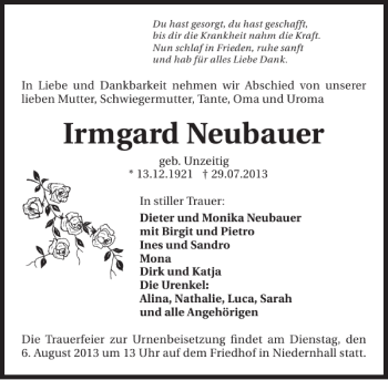 Traueranzeige von Irmgard Neubauer 