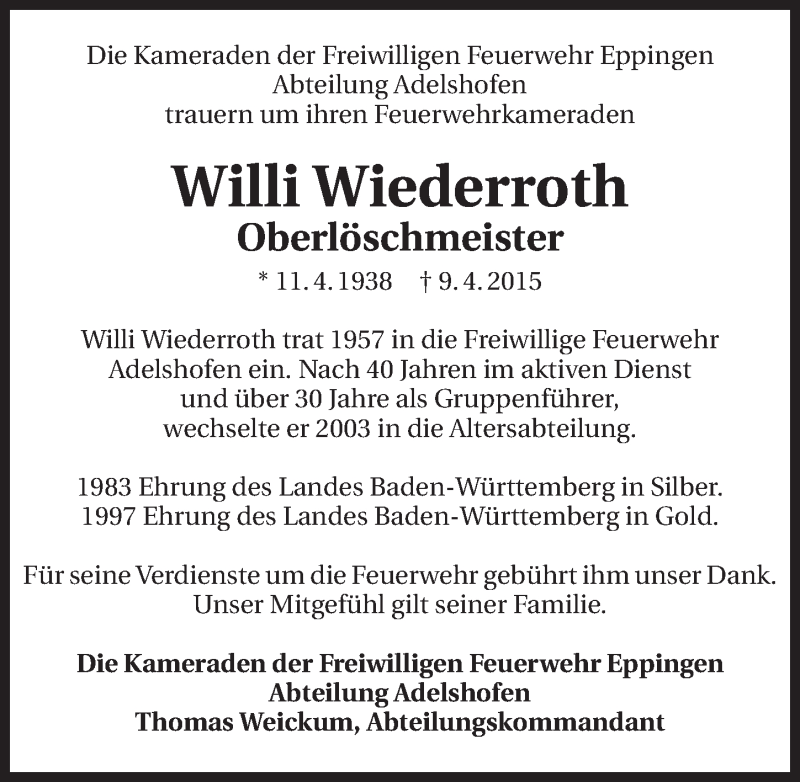  Traueranzeige für Willi Wiederroth vom 21.04.2015 aus 
