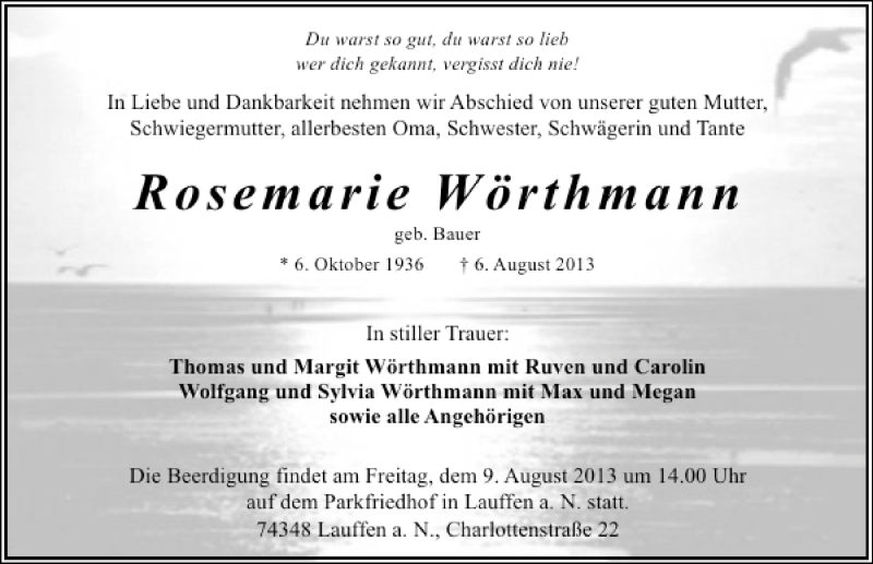  Traueranzeige für Rosemarie Wörthmann vom 07.08.2013 aus 