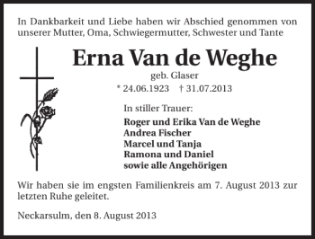 Traueranzeige von Erna Van de Weghe 