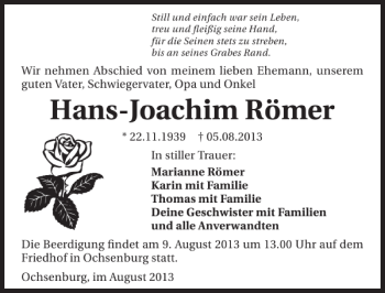 Traueranzeige von Hans-Joachim Römer 