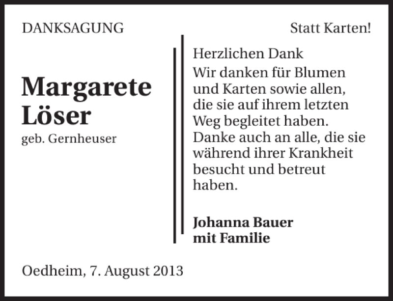  Traueranzeige für Margarete Löser vom 09.08.2013 aus 