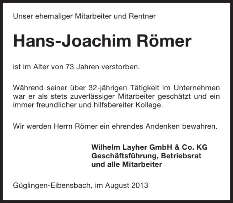  Traueranzeige für Hans-Joachim Römer vom 09.08.2013 aus 