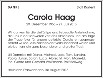 Traueranzeige von Carola Haag 