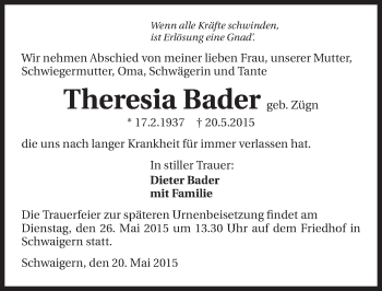 Traueranzeige von Theresia Bader 