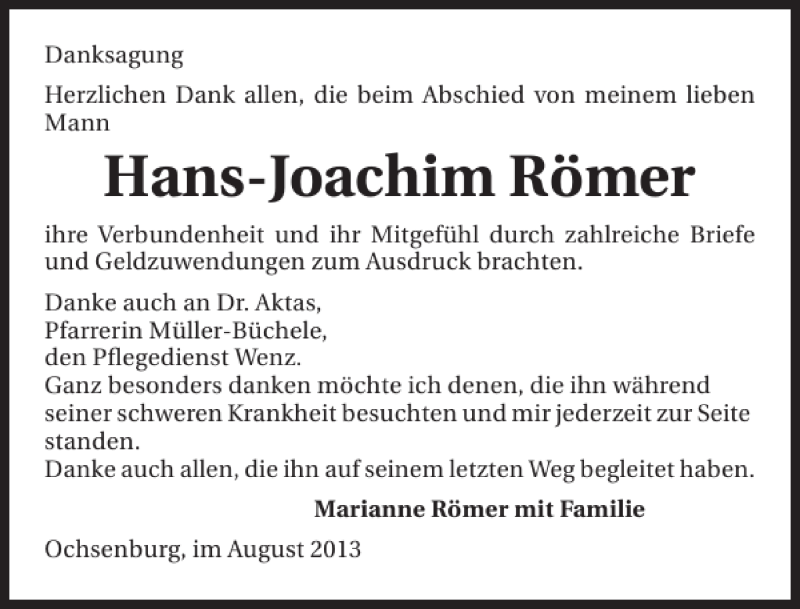  Traueranzeige für Hans-Joachim Römer vom 16.08.2013 aus 