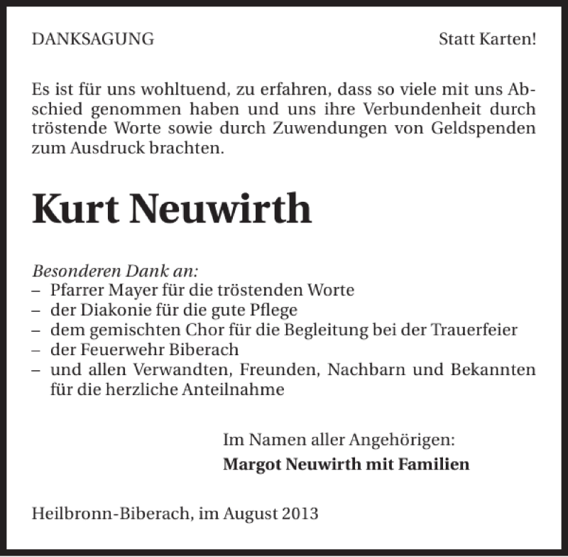  Traueranzeige für Kurt Neuwirth vom 16.08.2013 aus 