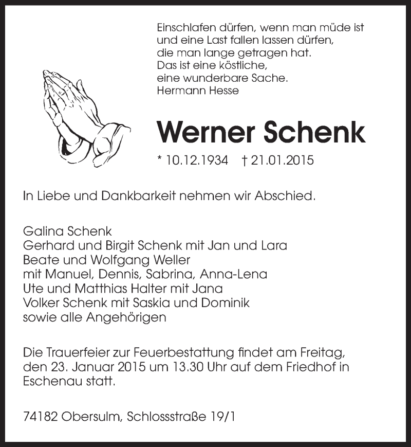  Traueranzeige für Werner Schenk vom 22.01.2015 aus 