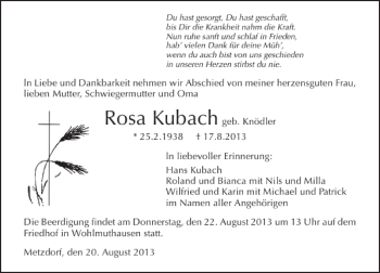 Traueranzeige von Rosa Kubach 