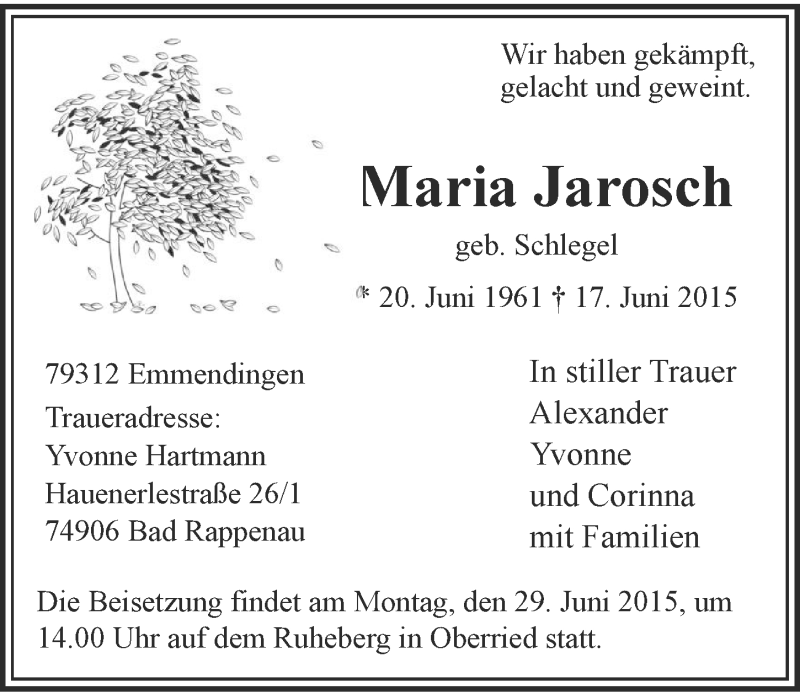  Traueranzeige für Maria Jarosch vom 24.06.2015 aus 