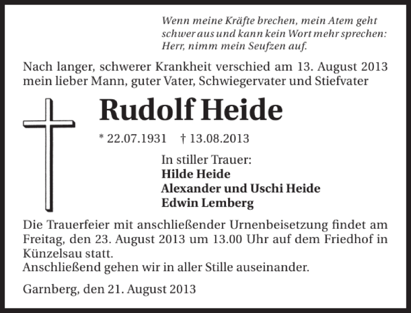  Traueranzeige für Rudolf Heide vom 21.08.2013 aus 