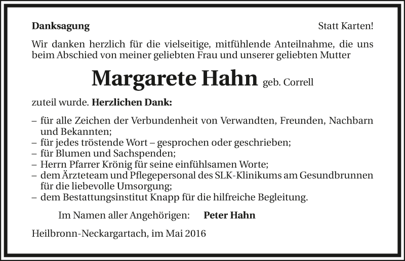  Traueranzeige für Margarete Hahn vom 14.05.2016 aus 