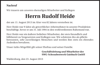 Traueranzeige von Rudolf Heide 