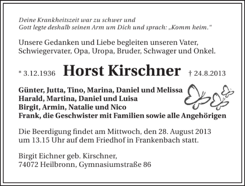  Traueranzeige für Horst Kirschner vom 26.08.2013 aus 