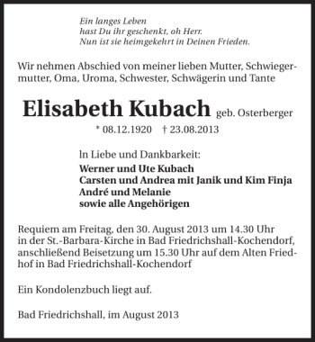 Traueranzeige von Elisabeth Kubach 
