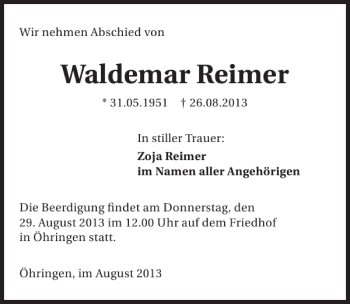 Traueranzeige von Waldemar Reimer 
