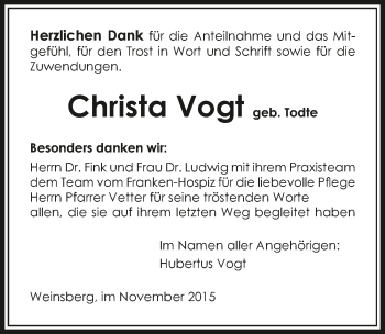 Traueranzeige von Christa Vogt 
