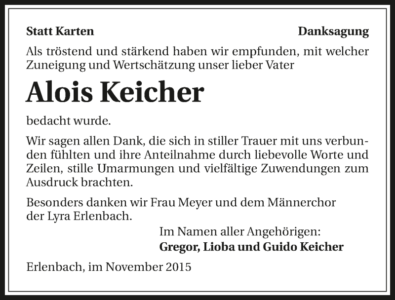  Traueranzeige für Alois Keicher vom 21.11.2015 aus 