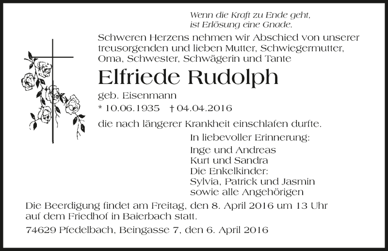  Traueranzeige für Elfriede Rudolph vom 06.04.2016 aus 