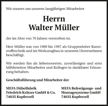 Traueranzeige von Walter Müller 