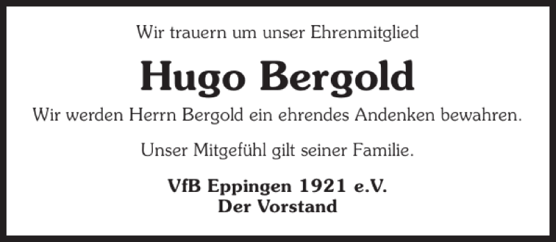  Traueranzeige für Hugo Bergold vom 06.09.2013 aus 