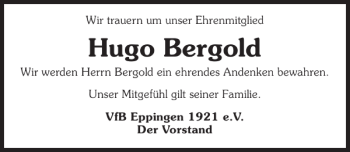 Traueranzeige von Hugo Bergold 